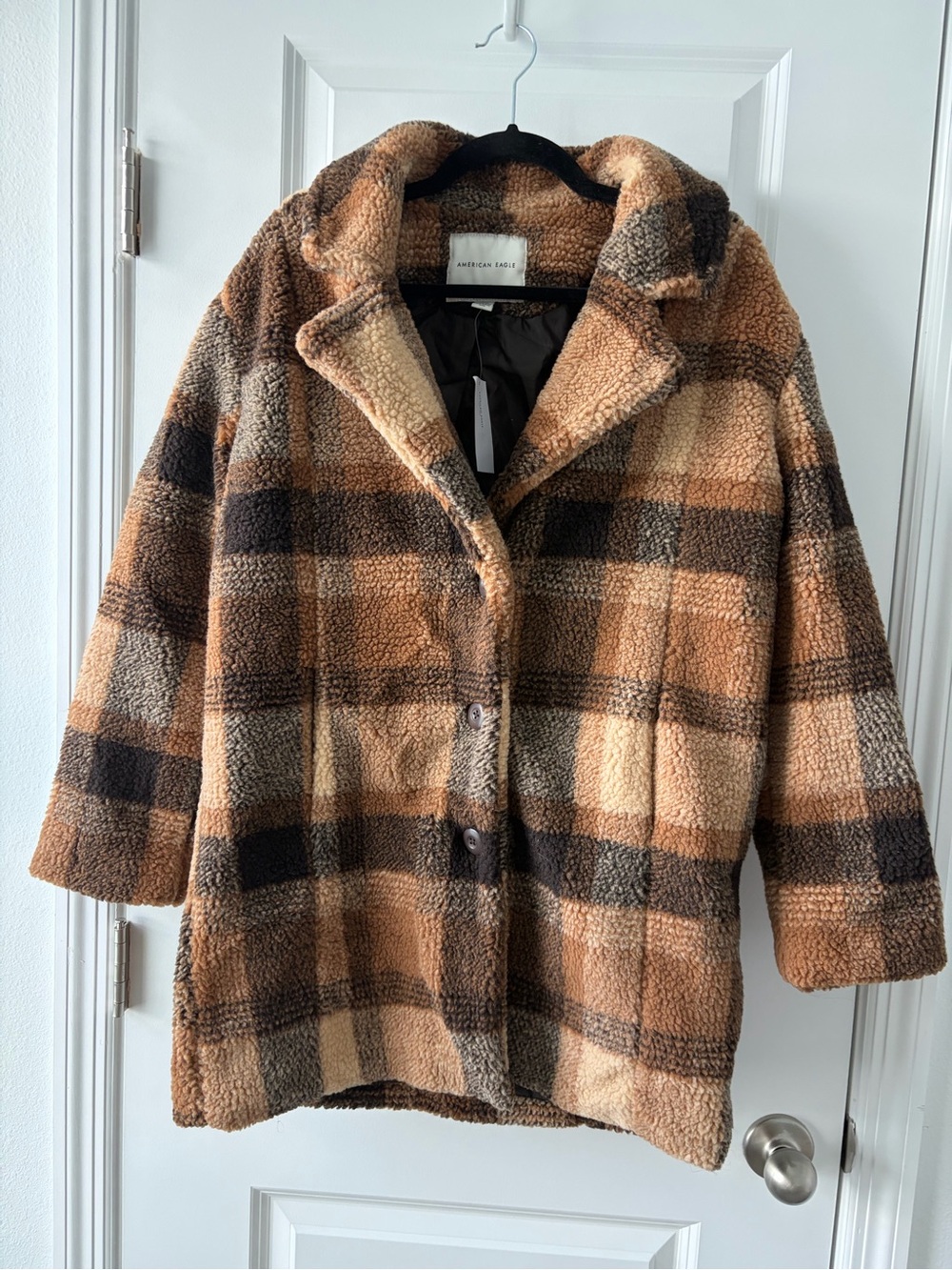 American Eagle Outfitters Plaid Teddy Jacket in Brown and Cream